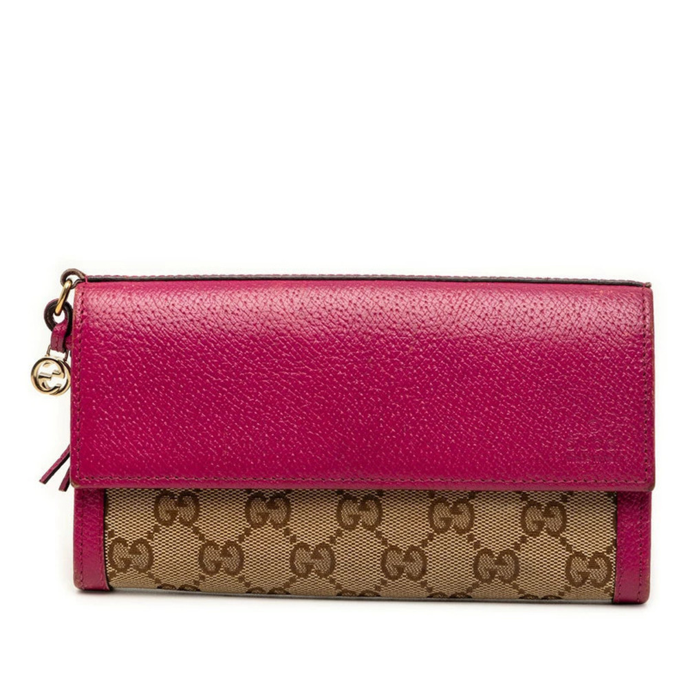 Gucci GG Canvas Long Wallet Beige Cream Pink Leather